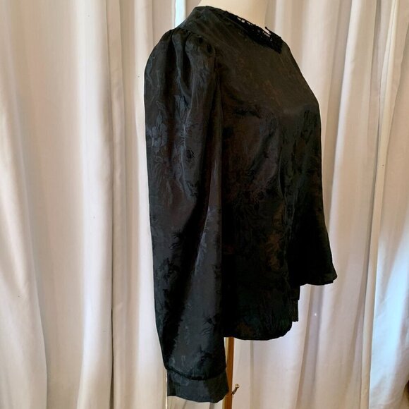 Vintage 80s Black Satin Floral Brocade Blouse Lace Neckline Puff Long Sleeve XL - Picture 9 of 11